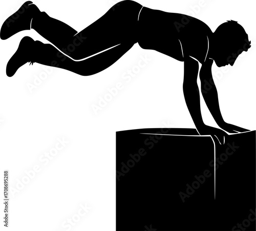 Black and white vector silhouette of a traceur performing a double kong — dynamic parkour action ideal for urban sports and motion-themed designs.