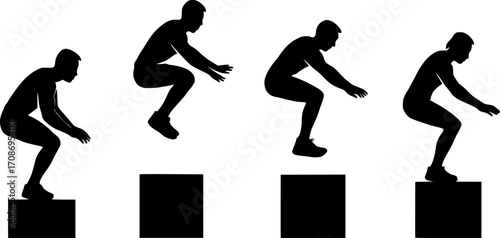 Black and white vector silhouettes of four athletes doing precision jumps from block to block — dynamic parkour scene ideal for urban sports and action design projects.
