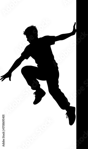 Black and white vector silhouette of a traceur landing on a vertical surface — striking parkour action perfect for urban sports and dynamic design projects.