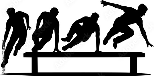 Black and white vector silhouettes of four traceurs vaulting over a long bench — dynamic parkour movement perfect for urban sports and action-themed designs.