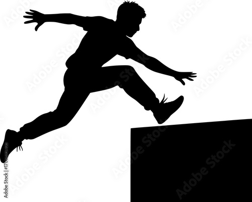 Black and white vector silhouette of a traceur jumping over a wall — dynamic parkour action ideal for urban sports and adventure-themed designs.