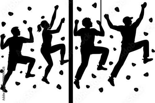 Black and white minimalist silhouettes of four athletes scaling a wall simultaneously, dynamic teamwork in parkour and freerunning, clean vector art for urban sport design.