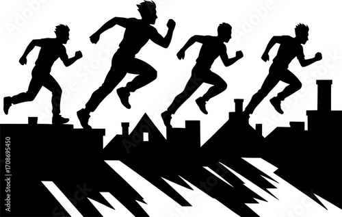Black and white vector silhouettes of four freerunners sprinting over rooftops — dynamic urban parkour scene perfect for action, sports, and city-themed designs.
