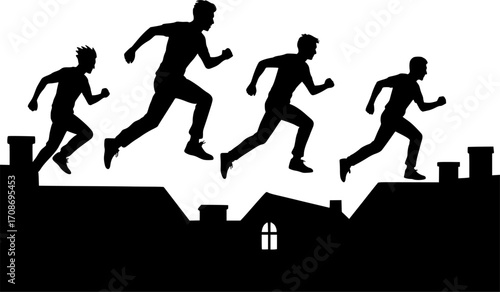 Black and white vector silhouettes of four freerunners sprinting across rooftops in formation — energetic parkour scene for urban sports and action design projects.