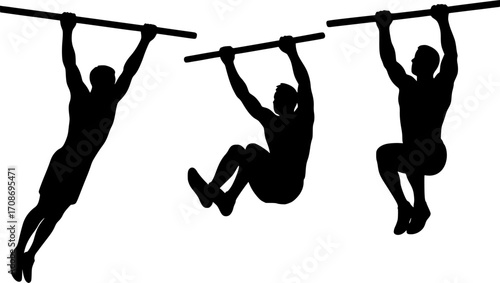 Minimalist black and white silhouettes of three athletes swinging on horizontal bars, sleek vector illustration for parkour, urban sport, and dynamic motion graphics.