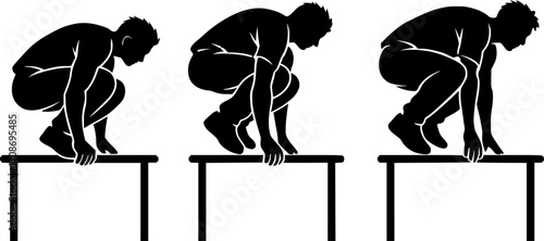 Minimalist black and white silhouettes of three traceurs performing monkey vaults in rhythm, sleek vector illustration for parkour, urban sport, and dynamic motion graphics.