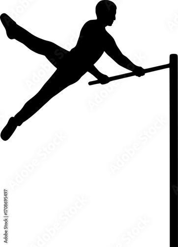 Minimalist black and white silhouette of a freerunner performing a bar spin, sleek vector illustration for parkour, urban sport, and dynamic motion graphics.