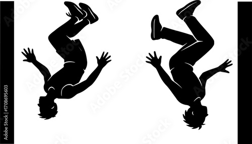 Minimalist black and white silhouettes of two athletes performing wall flips in opposite directions, dynamic parkour motion, clean vector art for urban sport and acrobatic design.