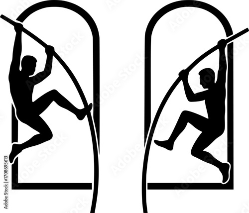Minimalist black and white silhouettes of two athletes vaulting through adjacent windows, dynamic parkour motion, clean vector design for urban sport and freerunning art.