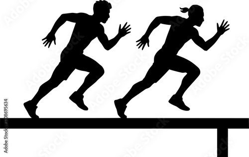 Minimalist black and white vector of two freerunners sprinting on a narrow beam, sleek silhouette illustration for parkour posters, urban sport visuals, and dynamic motion graphics.