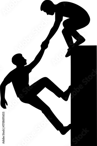 Minimalist black and white silhouettes of two traceurs helping each other climb a wall, teamwork in parkour, clean vector design for posters, icons, and urban sport illustrations.