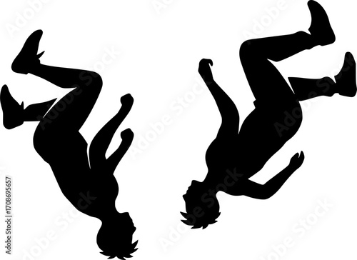 Minimalist black and white silhouettes of two traceurs flipping in opposite directions mid-air, dynamic parkour motion, clean vector illustration for urban sport and extreme action design.