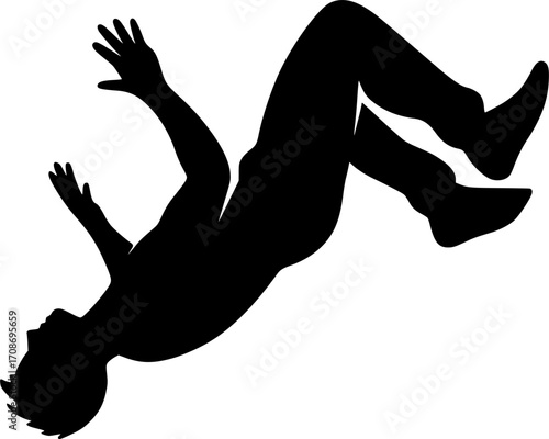 Minimalist black and white vector of a parkour athlete performing a flip in mid-air, sleek silhouette illustration for urban sport posters, extreme action visuals, and dynamic motion graphics.