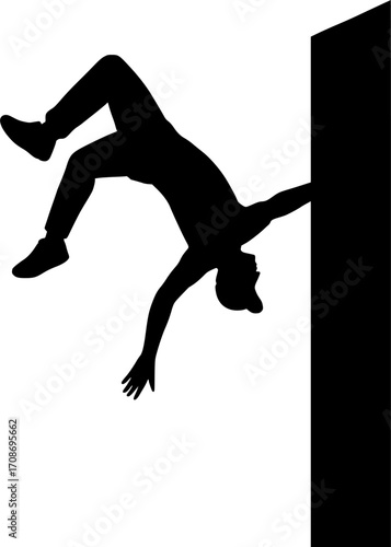 Minimalist black and white vector of a freerunner performing a side flip off a wall, sleek silhouette illustration for parkour posters, urban sport visuals, and dynamic motion graphics.