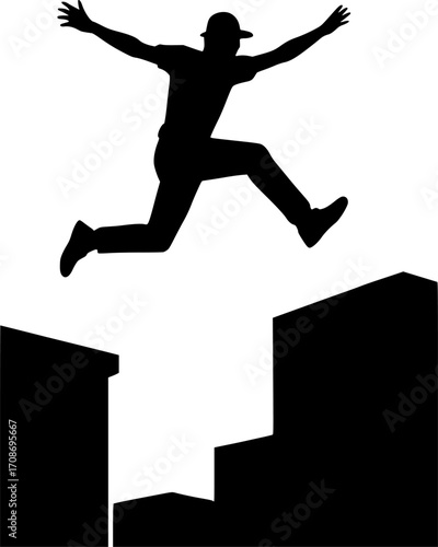 Minimalist black and white silhouette of a freerunner jumping from a rooftop ledge with arms wide, sleek vector illustration for parkour, urban sport, and dynamic motion graphics.