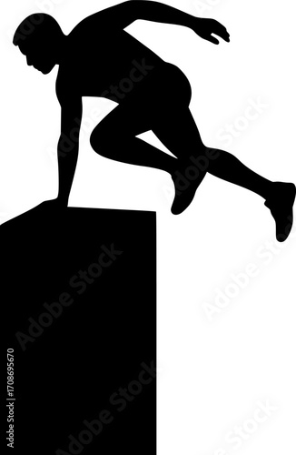 Minimalist black and white vector of a freerunner performing a kong vault over a concrete block, sleek silhouette illustration for parkour posters, urban sport visuals, and dynamic motion graphics.