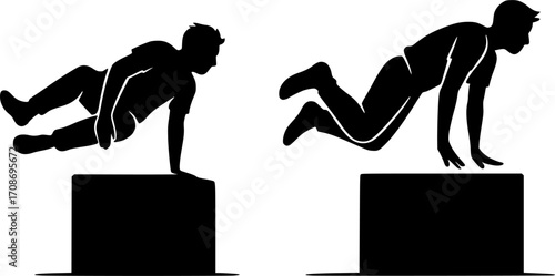 Minimalist black and white silhouettes of two traceurs performing dash vaults one after another, dynamic parkour motion, clean vector art for urban sport design.