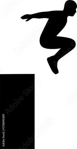 Minimalist black and white vector of an athlete jumping off a high ledge, sleek silhouette illustration for parkour posters, urban sport visuals, and dynamic motion graphics.