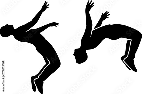 Minimalist black and white vector of two traceurs performing synchronized backflips, sleek silhouette illustration for sports posters, parkour training visuals, and modern graphic design.