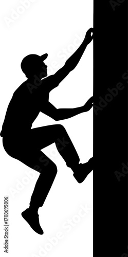 Black and white vector silhouette of an athlete climbing a vertical wall using fingertips — dynamic parkour action ideal for urban sports and motion-themed designs.