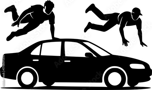 Minimalist black and white vector of two freerunners vaulting over a car, sleek silhouette illustration for parkour posters, urban sport visuals, and dynamic motion graphics.
