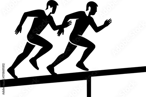 Minimalist black and white vector of two traceurs running along a wall in sync, sleek silhouette illustration for parkour posters, urban sport visuals, and dynamic motion graphics.