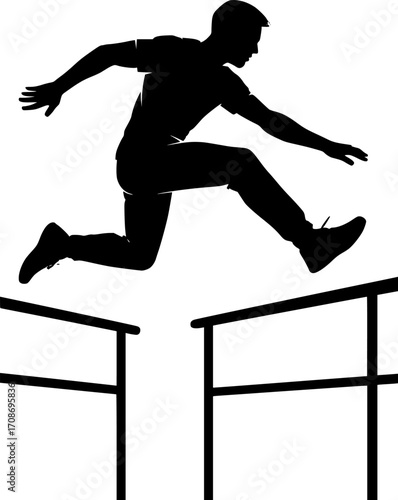 Black and white vector silhouette of a parkour athlete performing a precision jump between narrow rails — dynamic urban sports action ideal for motion-themed designs.