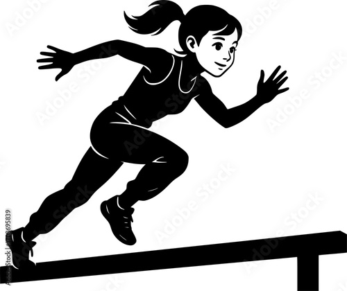 Black and white vector silhouette of an athlete sprinting across a narrow beam, featuring a sweet and pretty face — dynamic parkour action perfect for urban sports designs.