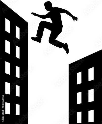 Black and white vector silhouette of a parkour athlete jumping between tall buildings — dynamic urban sports action perfect for city and motion-themed designs.