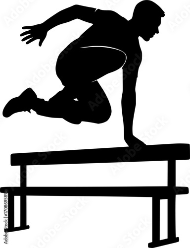 Black and white vector silhouette of a parkour athlete performing a speed vault over a bench — dynamic and energetic urban sports design.