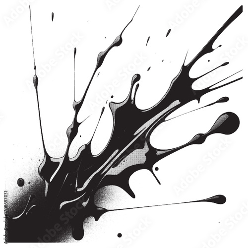 Collection of black paint drops, ink splashes, and dripping spots in a rough hand-drawn style. Features messy blot shapes, spray marks, and grunge textures isolated on white background. 