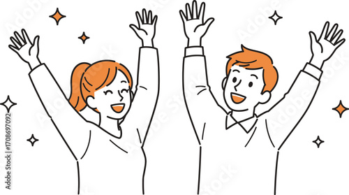 Happy people celebrating success with hands up illustration editable vector