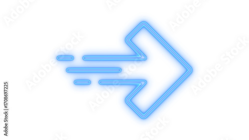 Glowing neon blue arrow icon with motion lines, symbolizing forward direction, speed, and progress on transparent background.
