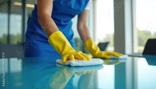 Wallpaper Mural Pro cleaner in blue uniform, yellow gloves wipes glass office table. Focus on hygiene, safety, cleanliness in business environments. Woman employee maintaining workspace for meetings, productivity. Torontodigital.ca