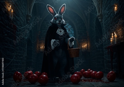 Mysterious Masquerade: A bizarre figure, adorned with the ears of a rabbit and dressed in vintage robes, is illuminated by candlelight, standing within a gothic chamber and holding an oval container.