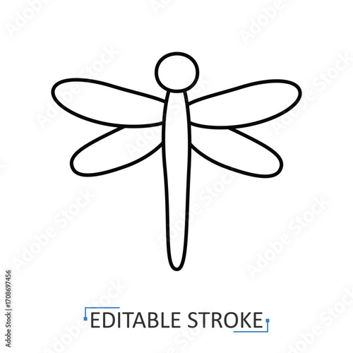 A dragonfly icon in minimalist style with editable stroke. Insect symbol, flying bug, nature element, wetland creature, wildlife design, entomology illustration, eco concept, outdoor insect.