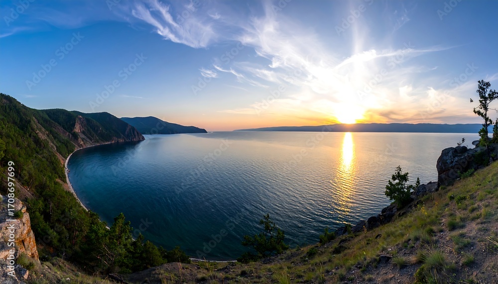 Fototapeta premium Panoramic sunset view over a serene lake, high angle