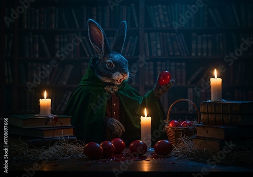 Mystical Rabbit Ritual: A captivating illustration depicts a rabbit adorned in a dark cloak, holding an egg, amidst flickering candlelight and a dimly lit library.