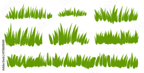 Crayon drawn grass set. Childish chalk scribble of green lawn meadow with pastel doodle textures, playful children drawing vector illustration