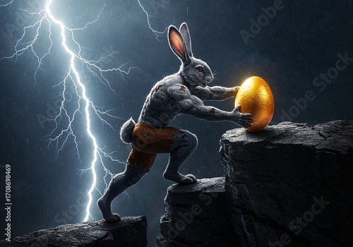 Golden Egg Ascent: A muscular, anthropomorphic hare strains with determination, pushing a glistening golden egg up a rocky cliffside against a dramatic backdrop of lightning. 