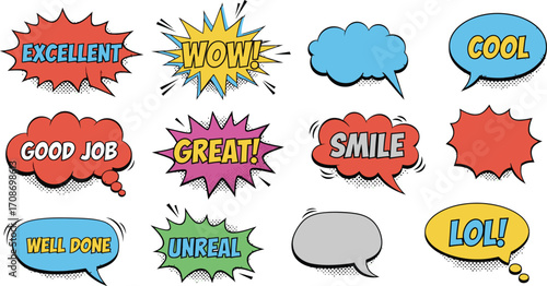 Comic speech bubbles vector set pop art style illustration editable vector