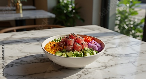 Fresh tuna poke bowl packed with vibrant avocado, edamame, carrots, and red onion for a healthy meal.