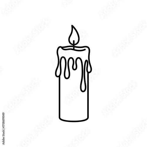 Simple Line Drawing of a Dripping Candle with a Flame, Isolated on White Background