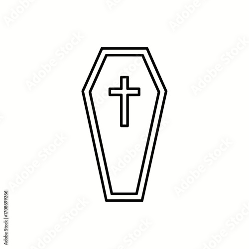 Outline Icon of a Coffin with a Christian Cross Symbol on a White Background