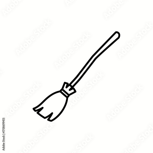 Hand-drawn black and white illustration of a witch's broomstick on a white background