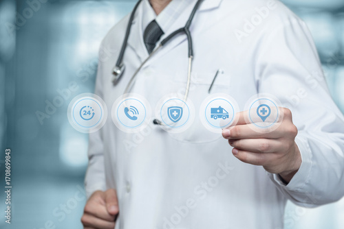 Wallpaper Mural Doctor interacting with digital health symbols in a bright office. Torontodigital.ca