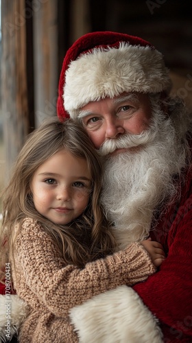 A heartwarming portrait of Santa Claus embracing a young girl, capturing a tender moment of Christmas joy