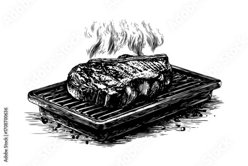 Juicy grilled steak on a hot tray with smoke, hand-drawn engraving style, isolated on white background, concept of rustic cooking art