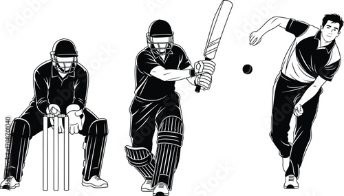Cricket players batsman bowler wicket keeper illustration editable vector