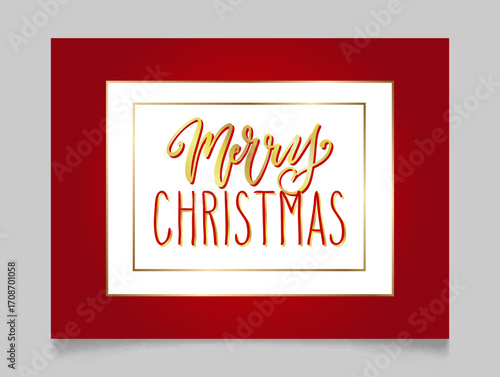 Handwritten Christmas greetings in a red frame, modern festive calligraphy lettering in golden and white. Holiday season design